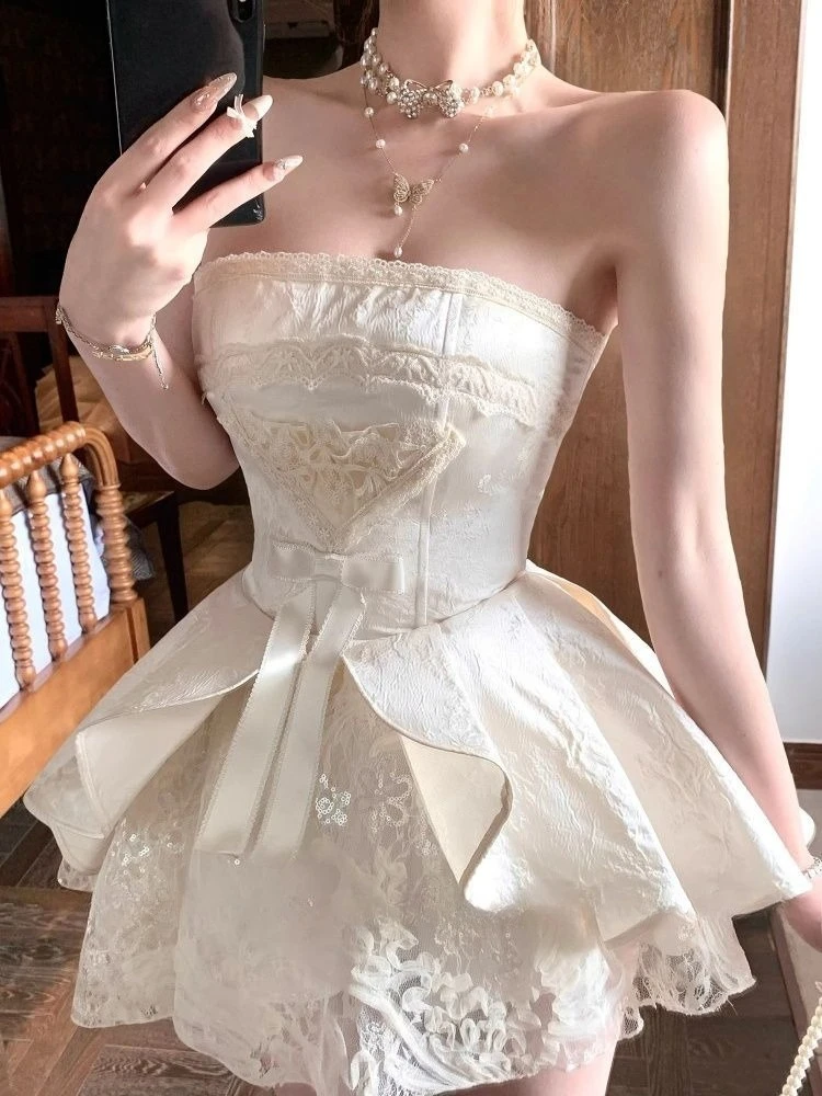 French Sweet Style Elegant Women Dress Vintage Bow Strapless Evening Dress Fashion Female New Sexy Princess Party Outfits Summer