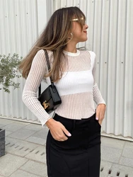 TARUXY Ribbed Knit Long Sleeve Top Shirts For Women White See-through Knit Rib Top Tees Outfits Casual Spring Skinny Streetwear