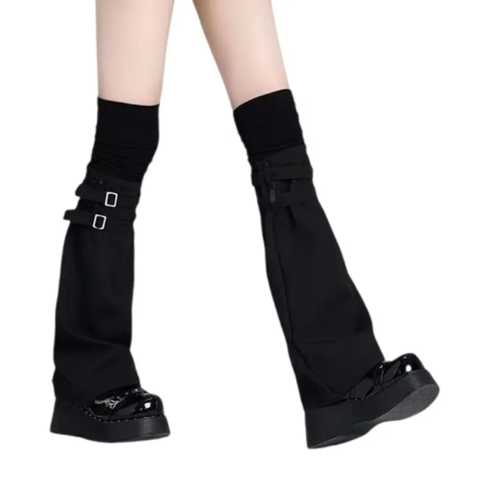 Vintage Y2K Knee Over Socks Leather Buckle Black White High Tube Socks Keep Warm Leg Warmers Women Girls