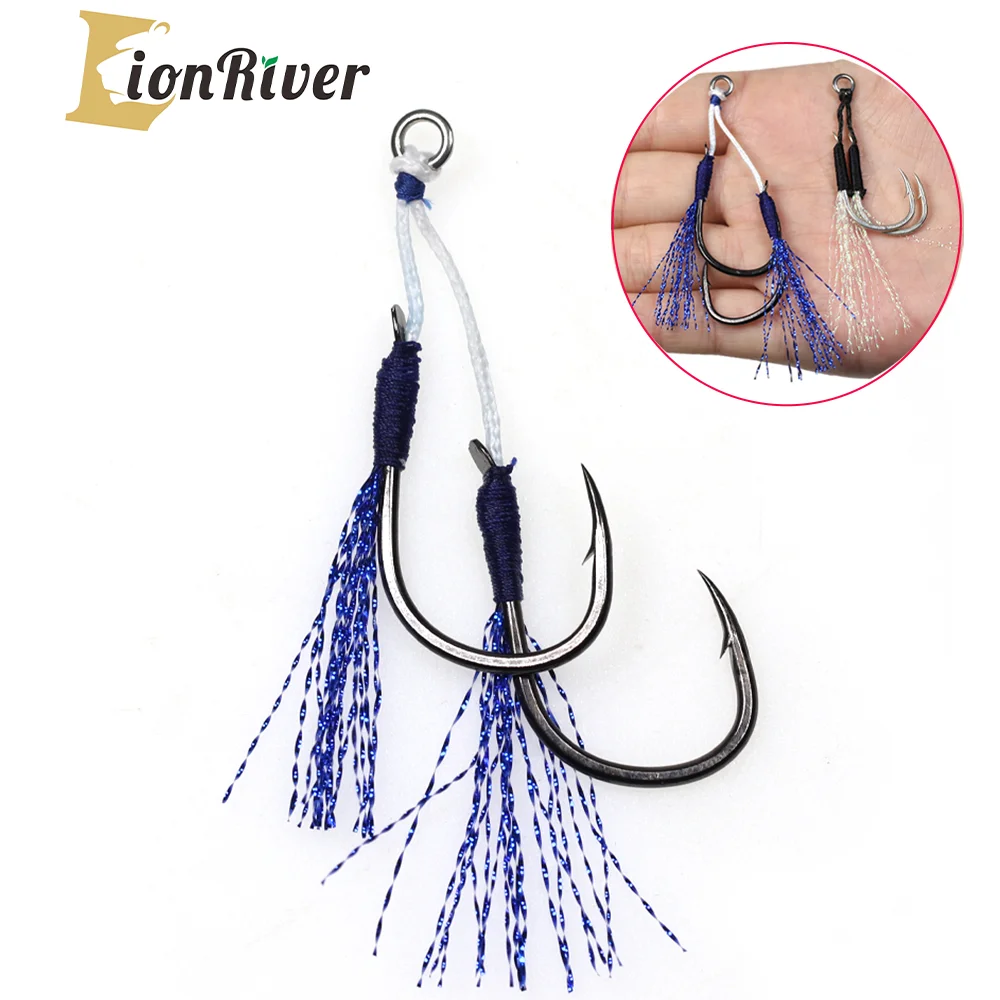 LIONRIVER 2 Pairs High Carbon Steel Jig Assist Hook Barbed Double Pair Hooks Thread Feather Fishing Lure Slow Jigging Tackel