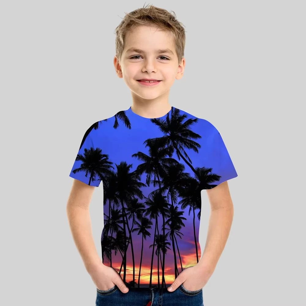 Jungen-T-Shirt mit 3D-Kokosnussbaum-Motiv, kurzärmelig, Sommerurlaub, tropisches Hawaii-Polyester, für Kinder, Rundhalsausschnitt, Outdoor, lässig, täglich