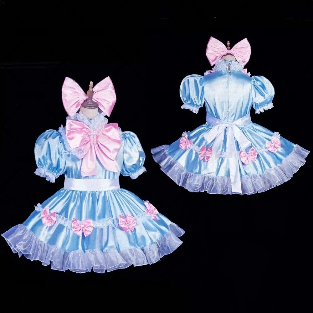 

Sexy Sissy French maid blue satin lockable bow ruffle hem dress cosplay costume customizable