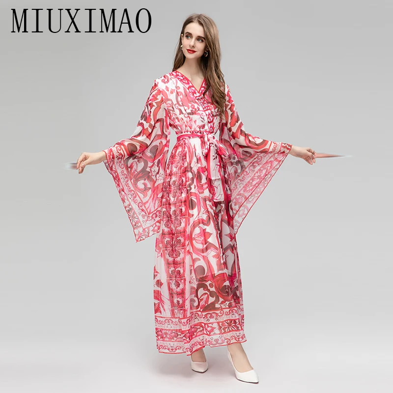 

MIUXIMAO 2023 Fall Dress Red porcelain Print Full Sleeve Elegant Casual Long Dress Women Vestidos Chiffon Beach Dresses Belt