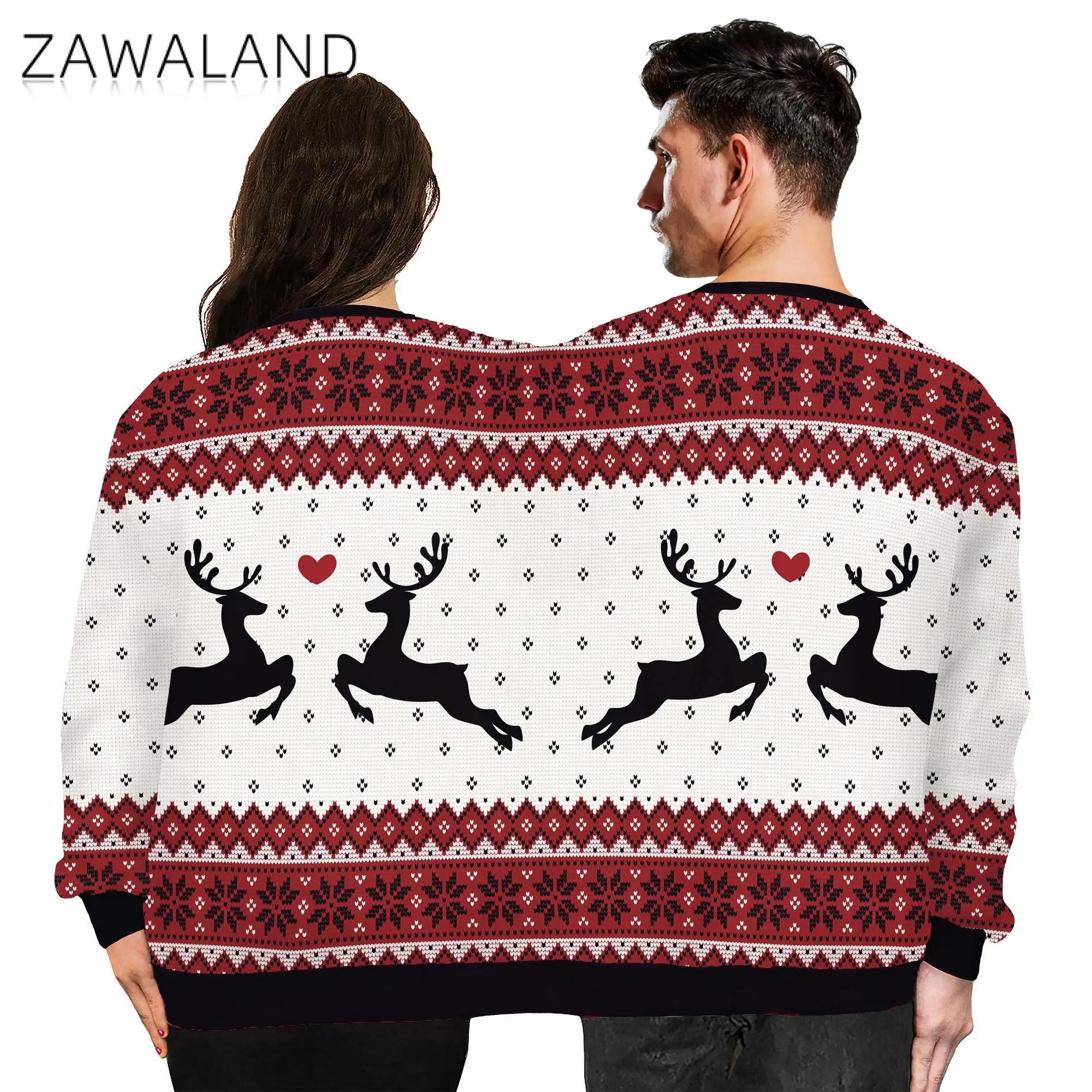 ZAWALAND Men Women Hoodies Christmas Two Person Pullover Conjoined Twin Clothing 3D Printed Funny Couples Sweatshirts