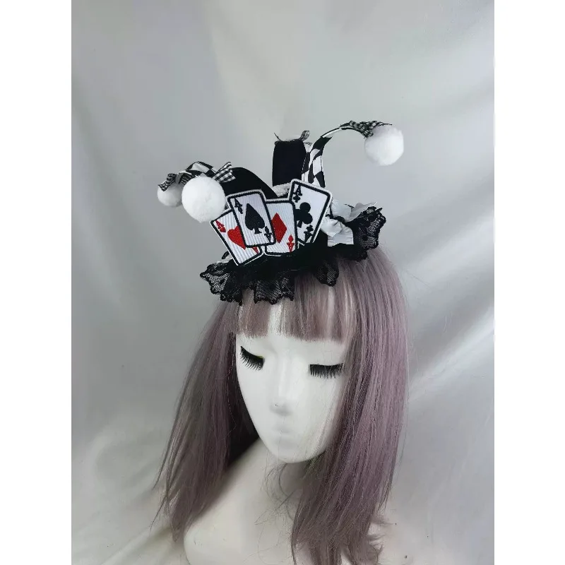 Fairy Tale Circus Clown Headwear Mini Top Hat Headband Playing Card Lace Pom Pom Decor Halloween Party Costume Hair Accessory