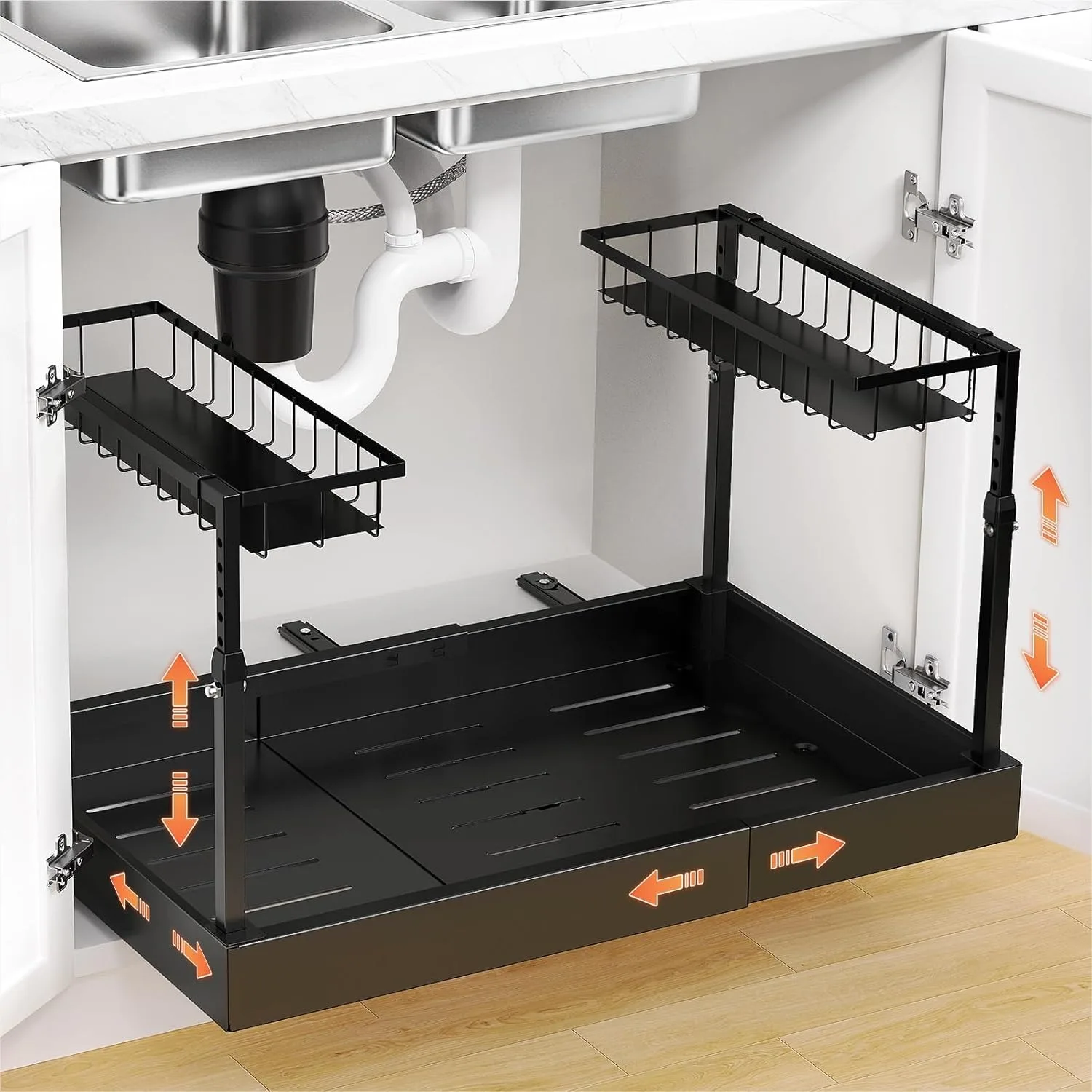 

Under Sink Organizer 2 Tier, Expandable Slide Out Pull Out Shelf for Kitchen Bathroom Cabinet, Adjustable 17.9-29.5" Wide, Heavy