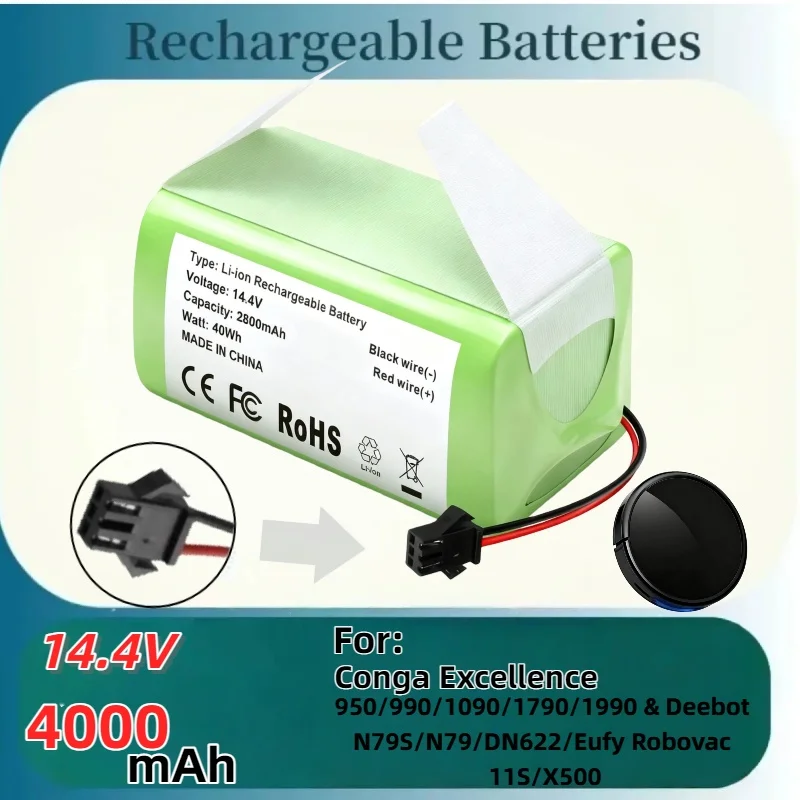 

Multi-Capacity 14.8V Li-ion Battery – 2600-4000mAh Reliable Spare Replacement, for Conga Excellence & Deebot/Eufy Robovac Models