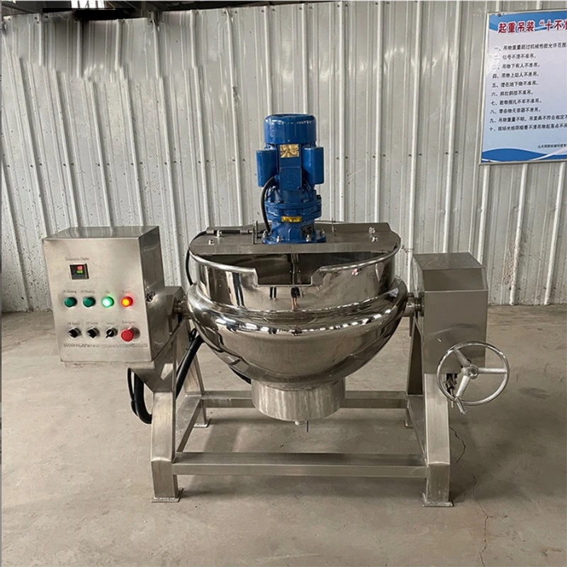 Electric heating sandwich pot, stainless steel commercial sugar boiling pot, 50-500L cooked food braised pot with stirring