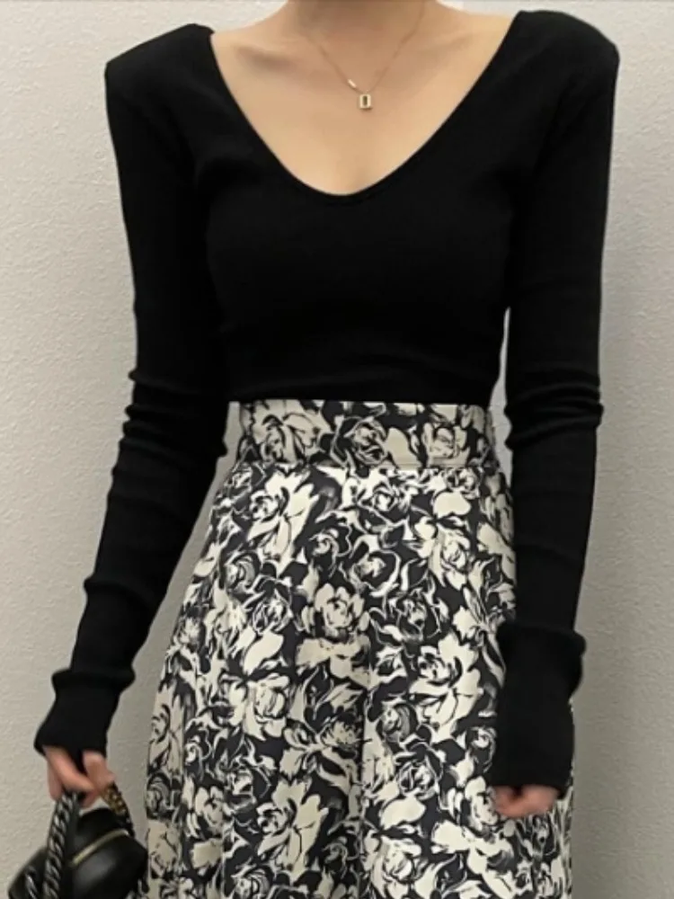 시크 롱 슬리브 티셔츠 숄더 패드 베이스 레이어 탄성 슬림핏 빅 U넥 다용도 패셔너블 이너웨어 봄 얇은 소재