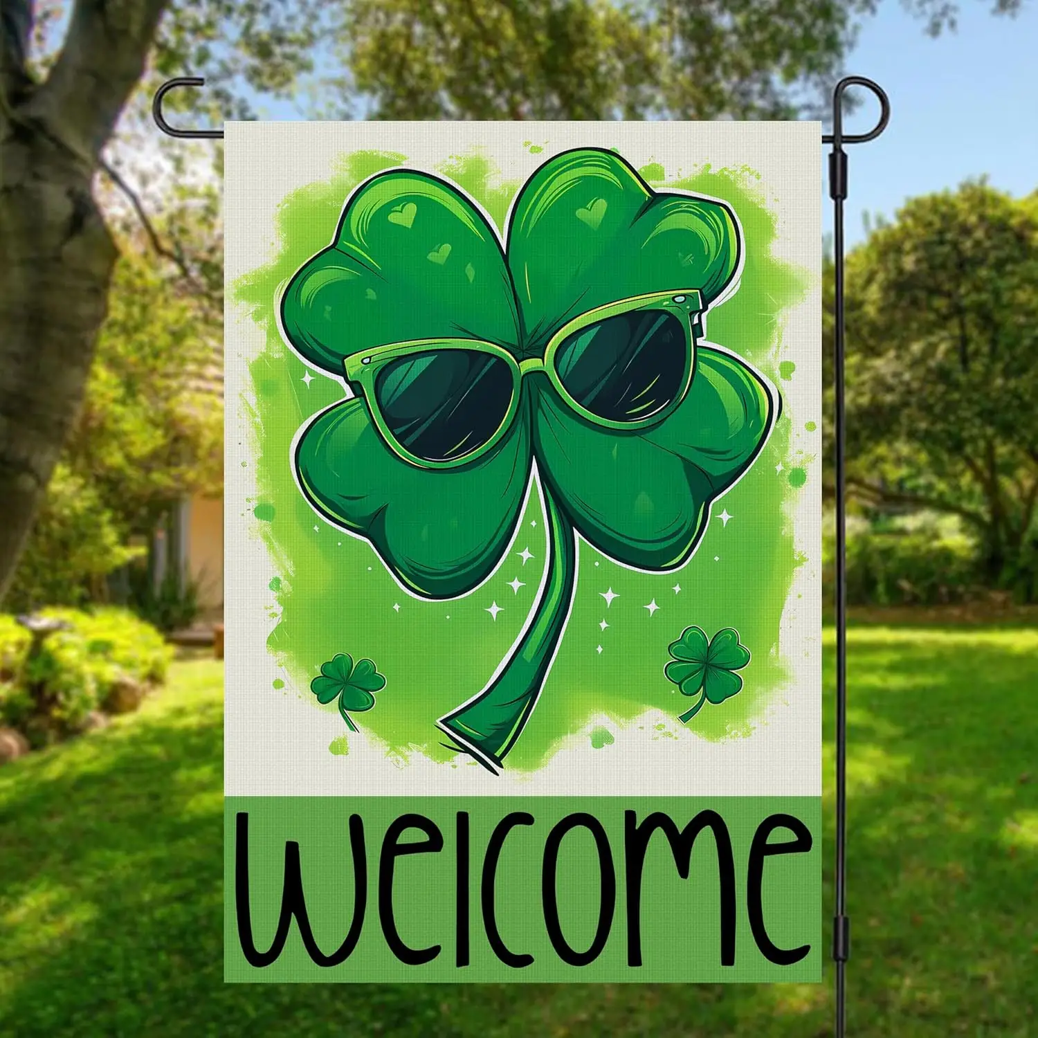St Patrick's Day Shamrock Sunglasses Garden Flag, Double Sided Green Clover, Small Burlap Welcome, Polka Dots Holiday Ya YYD EEZ