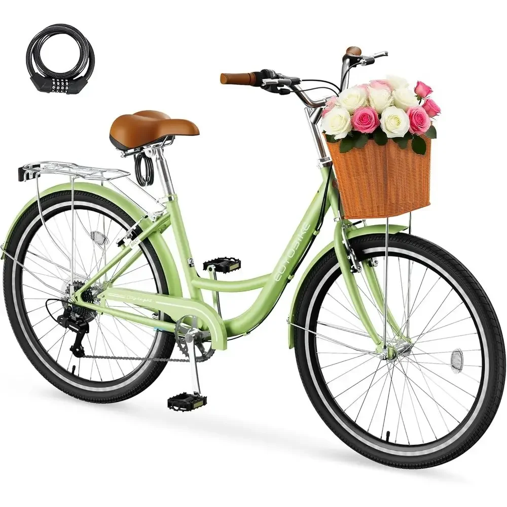 

7-Speed 24/26 Inch Women's Beach Cruiser Bicycle with Step-Through Frame and Front Basket for City Commuting