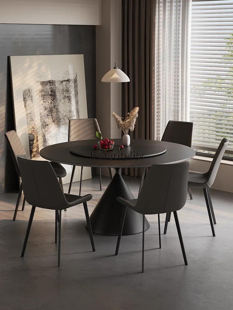 

LD33Stone Plate round Dining Table and Chair with Turntable Italian Modern Simple and Light Luxury Household Black