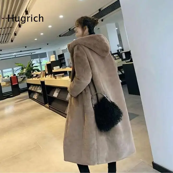 Women's Long Hooded Faux Fur Coat Loose Fit Thickened Plush Overcoat Autumn Winter Warm Outerwear Solid Color Lady Jacket