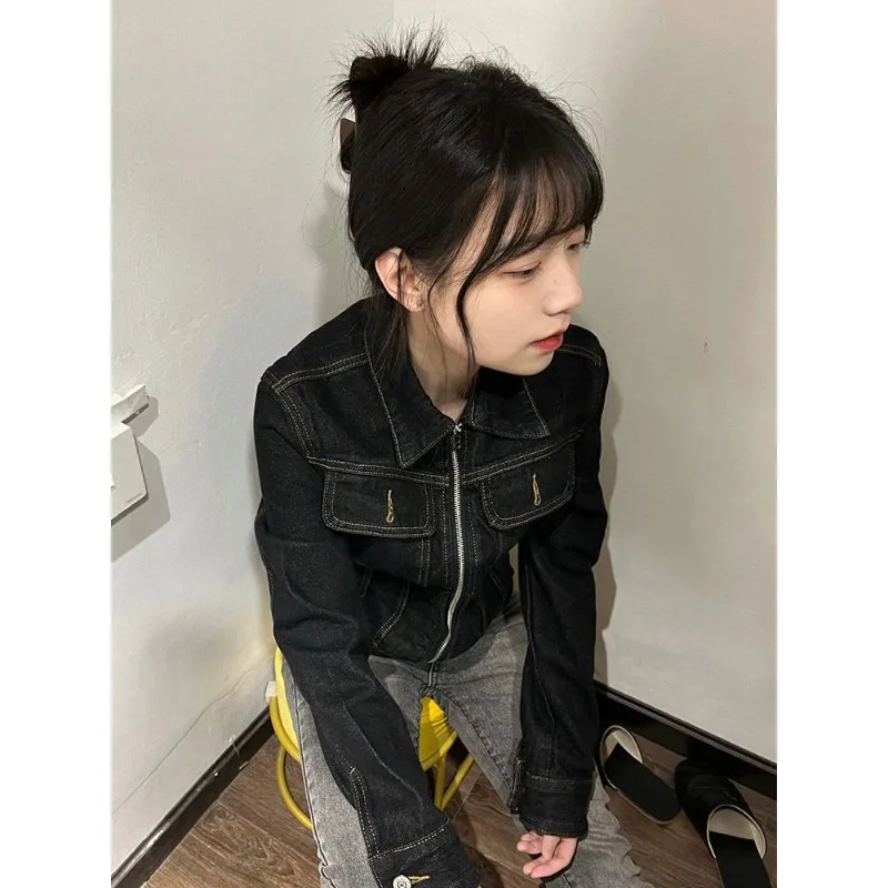 Black Short Denim Jacket Spring and Autumn American Retro Design Sense Vintage Slim Lapel Flight Jacket
