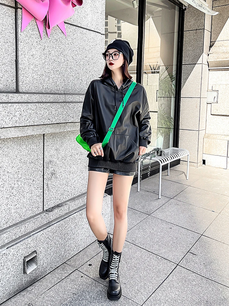 High Street Spring Women Oversized Pullover Genuine Leather Hooded Sweatshirt Loose Fit Outerwear Casual Real Sheepskin Jacket