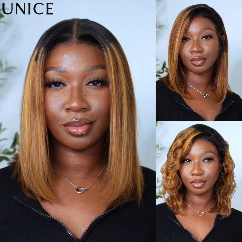 UNice 7x5 Bye-Bye Slip™ Lace Glueless Brown With Blonde Piano Highlights Straight Bob Wig Ready-to-go Glueless Human Hair Wigs view 4