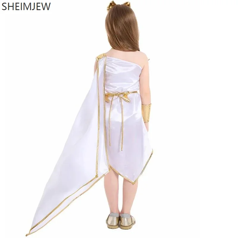 Halloween Girls Greek Goddess Cosplay Costume Roman Mythology Children's Clothing White One Shoulder Dress Party Stage Dress