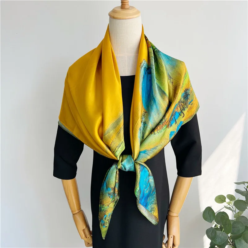 Luxury 100% Real Silk Scarf 110cm Lady Design Hair Neck Anniversary Gift Trendy Chic Stoles Premium Square Neckwear Shawls Wraps