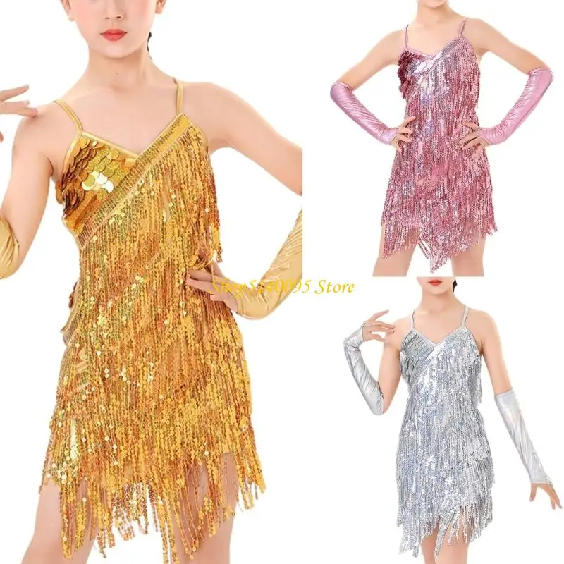 Dxae Latin Dance Dress Tassels Salsas Dance Shear Sequins Vestido baile baile baile moderno