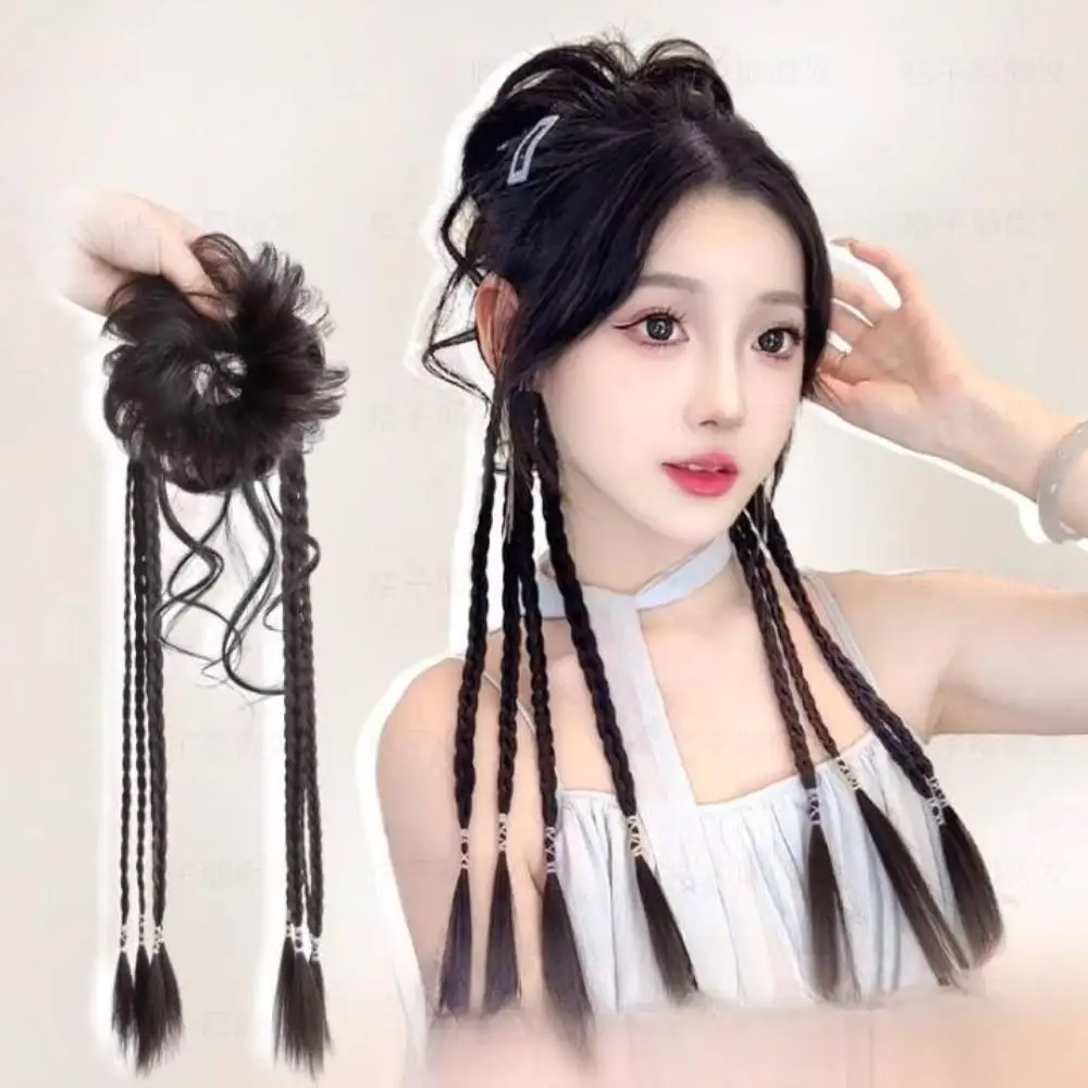 النمط الصيني زهرة برعم رئيس الاصطناعي الباروكات الاصطناعية الطبيعية رقيق مجعد قليلا الملتوية جديلة شعر مستعار إكسسوارات الشعر