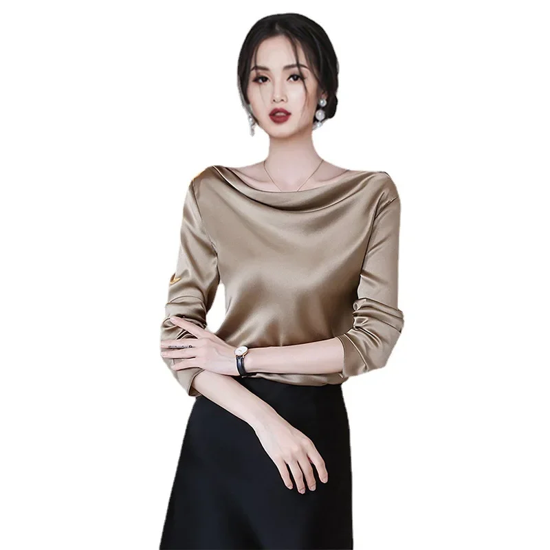 

Легкая роскошь, дизайнерский шик: топ с воротником-стойкой, атласная рубашка 2025 года, женская рубашка с открытыми плечами