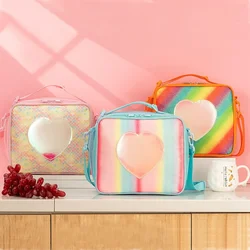 Lunch Bag Rainbow Loving Heart Laser Portable Large Bento Pouch for Children Girl Thermal Insulated Cooler Shoulder Picnic Box