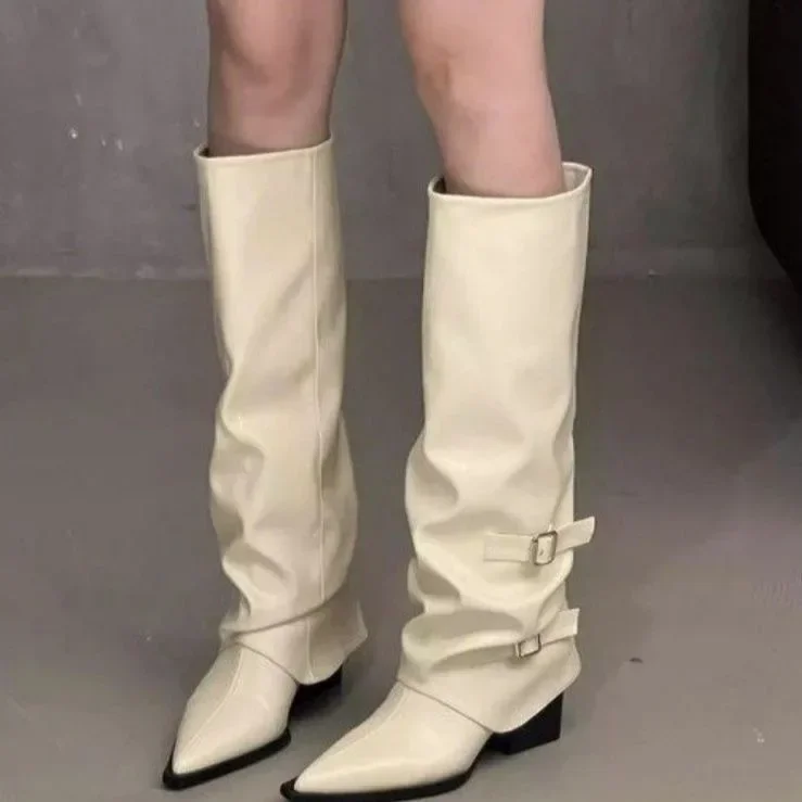 Vintage Damenstiefel mit Dickem Absatz, Frühling/Herbst, Elegante Ritterstiefel mit Gürtelschnalle – Detail 13