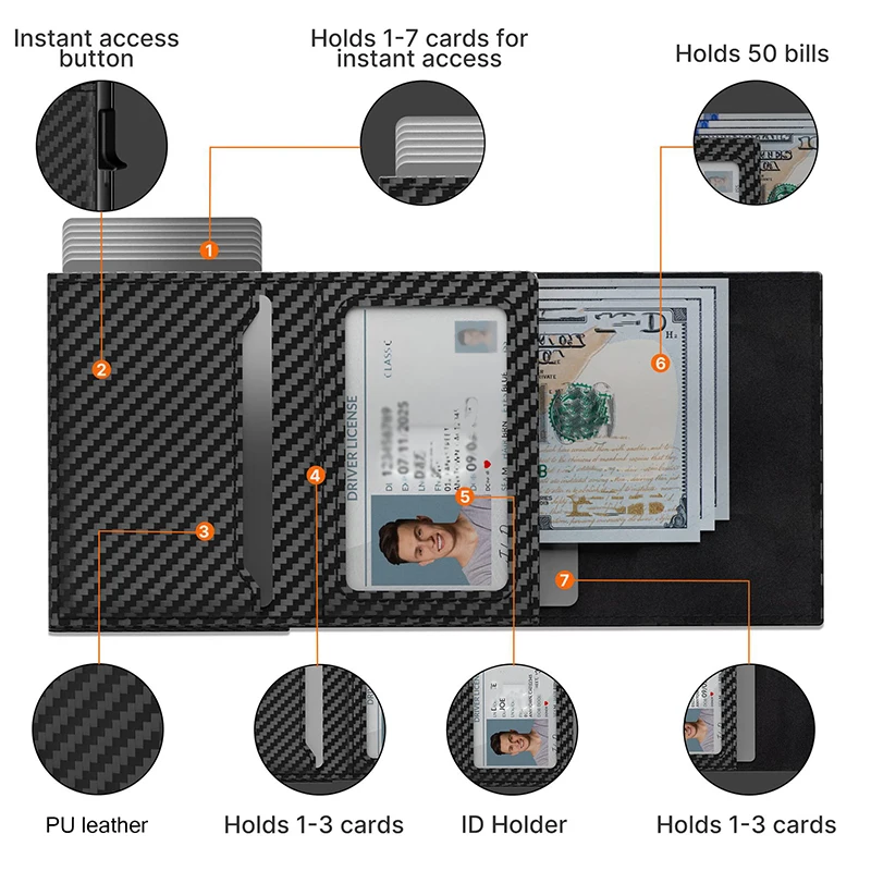 Portfel blokujący RFID ze stopu aluminium z włókna węglowego automatyczne wyskakujące etui na karty kredytowe anty-zagubionych mężczyzn etui na dokumenty do airtagów