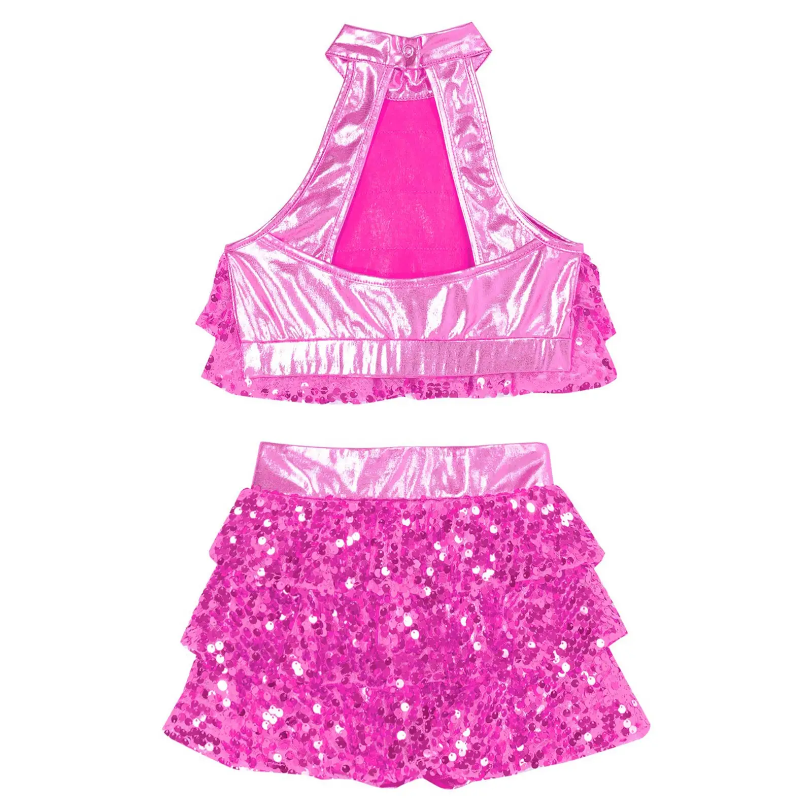 Kids Girls Jazz Dance Costume Shiny Sequined Crop Top with Skirt Lyrical Dancing Dress Ballroom 2 Pieces Modern Dance Outfits