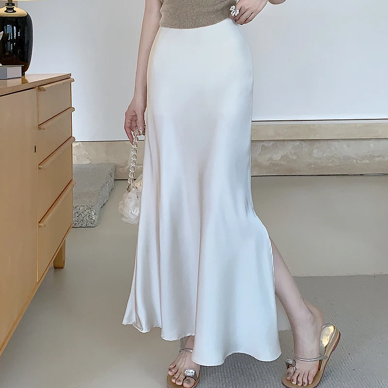 Koreańska moda z wysokim stanem kobiety satynowe spódnice boczne rozcięcie Casual długie spódnice damskie 2024 nowe eleganckie biurowa, damska spódnice letnie