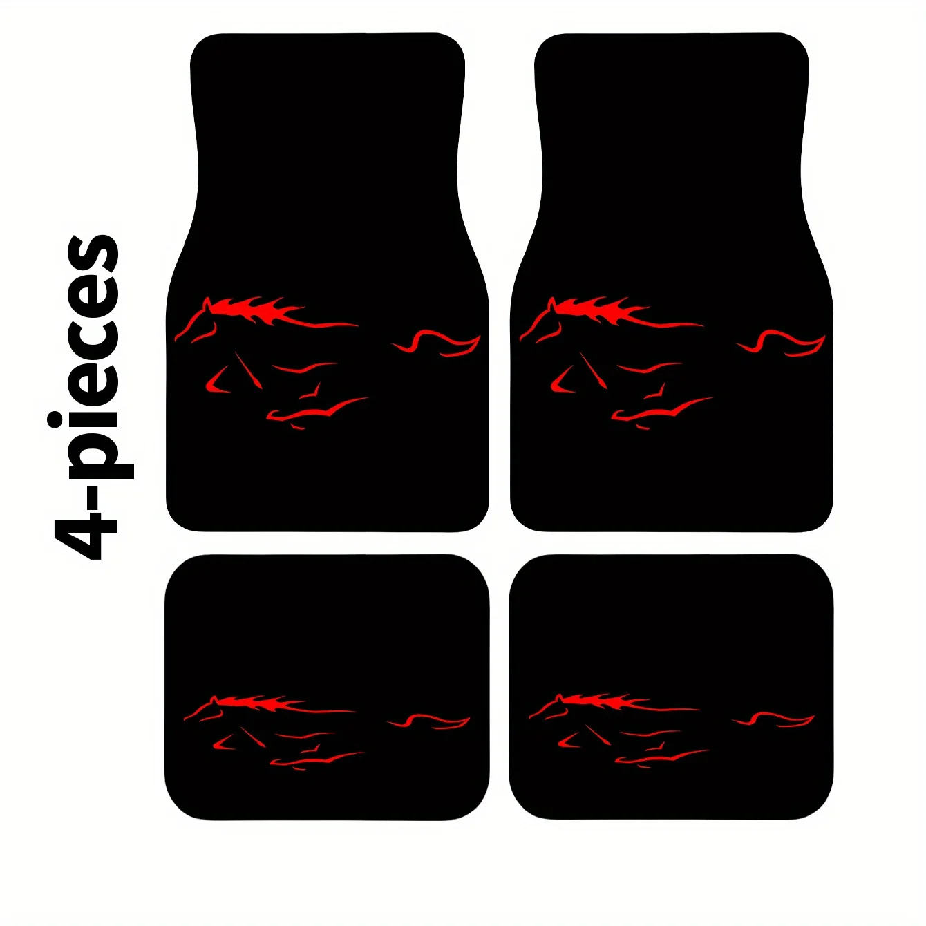4pcs Red Flame Racing Horse& Car Floor Mats- Fit For, SUVs, Trucks- Heavy-Duty Black& Red Dynamic Horse Racing Design, All-Seaso