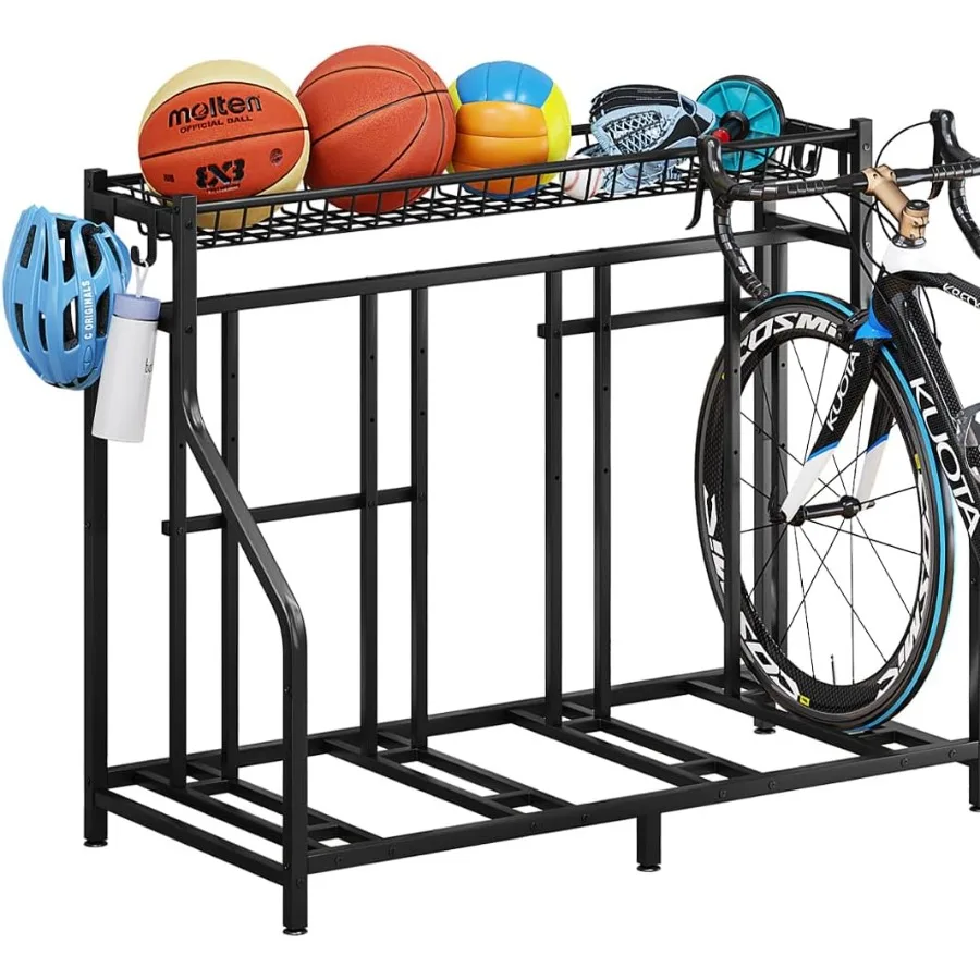 

Freestanding Adjustable Bike Rack Storage Stand Organizer for Indoor Outdoor Use Holds Up to 4 Bicycles and Sports Equipment in
