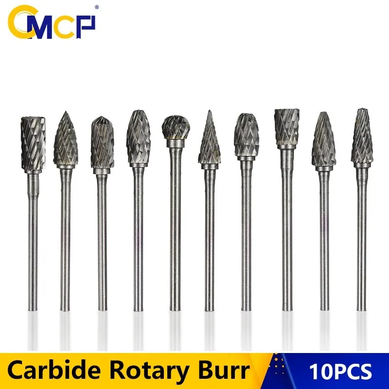 CMCP 10pc 3mm Shank Carbide Milling Cutter Rotary Tool Burr Single Double Cut For Dremel Rotary Tools Electric Grinding