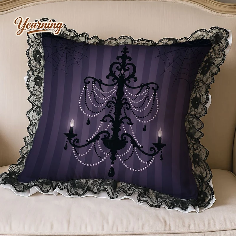 

Purple Black Gothic Washed Cotton Pillowcase Lace Edge Cushion Cover Dark Night Cool Girl Style Bedside Decor