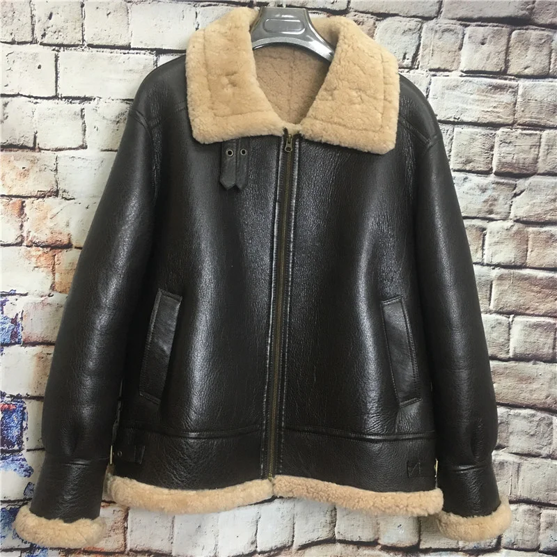 

Winter Men's B3 Real Fur Motorcycle Jacket Men Genuine Leather Flight Suit Sheepskin Shearling Coat 5XL