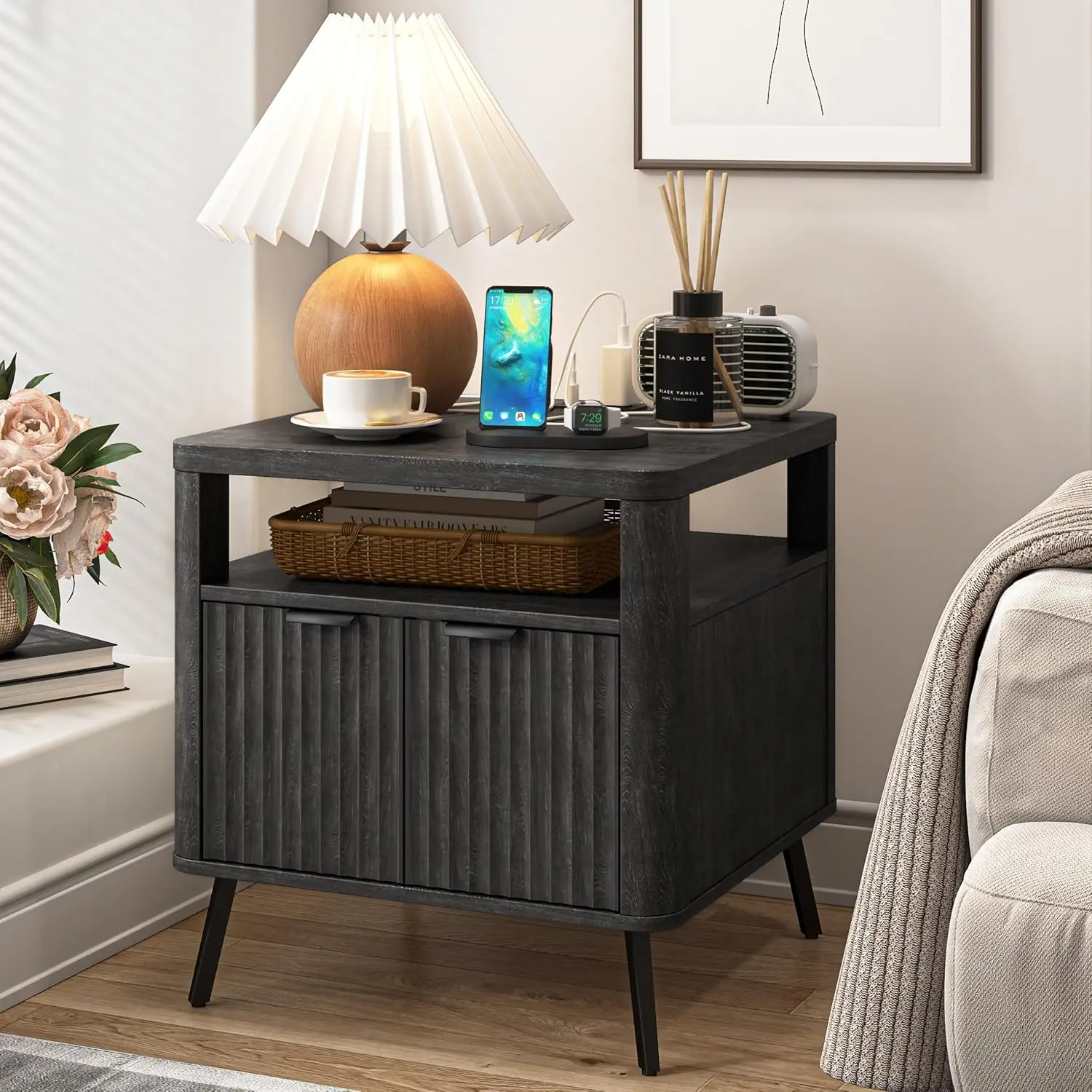 

Nightstand with Charging Station, 24" End Table Side Table with Open Shelf, Modern Large Wood Fluted Bedside Cabinet for Bedroom