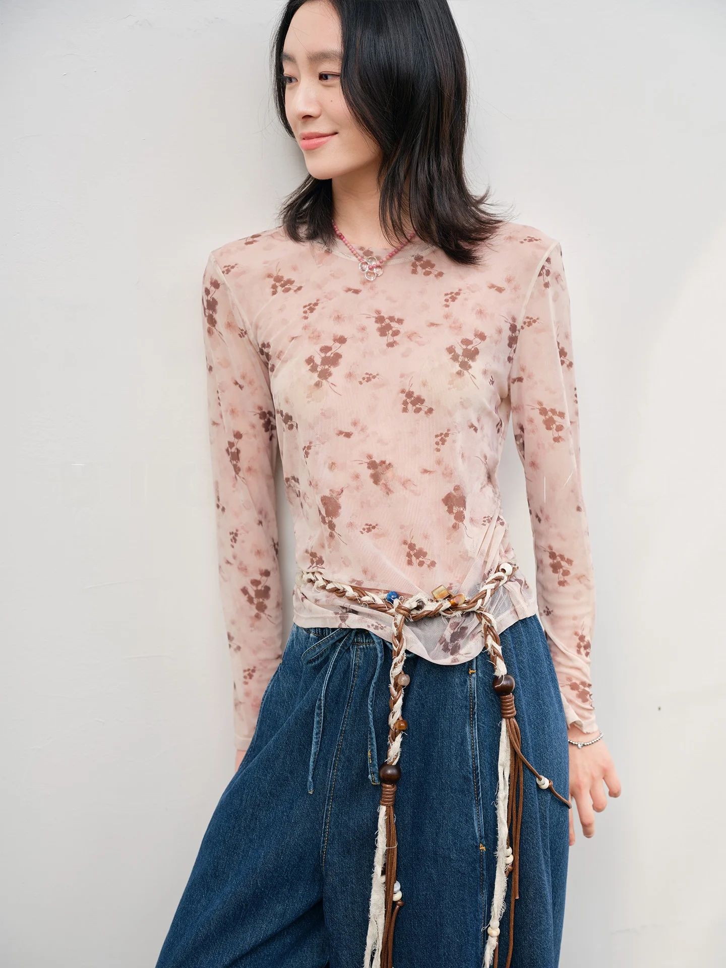 

Biggie Cherry Blossom Printed Half Transparent Comfortable Sun Protection Base Layer T-Shirt Women's Spring Summer Top