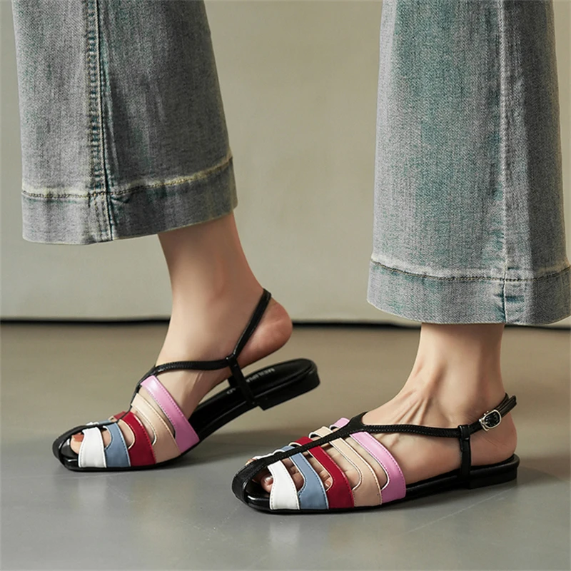 

Eilyken Designer Hollow Narrow Band Buckle Strap Low Heels Women Sandals Comfortable Elegant Camouflage Slingback Mules Shoes