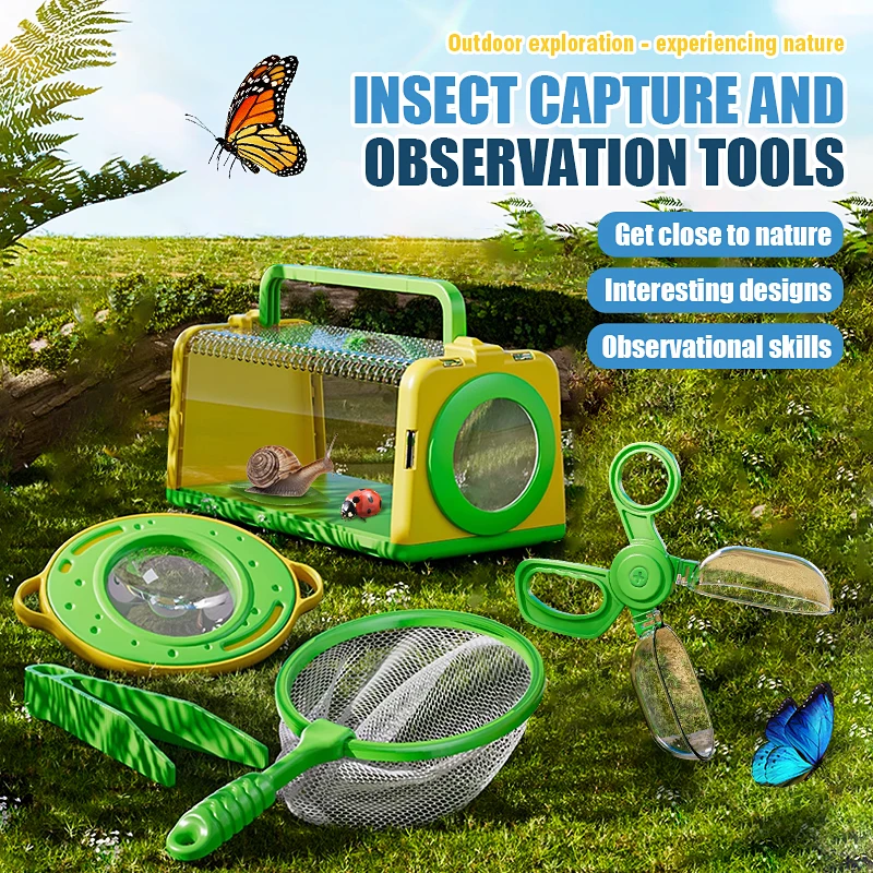 Cage de capture d'insectes, boîte d'observation avec loupe, filet à papillons, kit d'exploration en plein air, jouet de capture pour le camping, cadeaux pour enfants