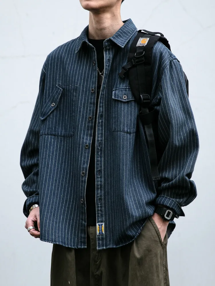 

Retro American Waed Striped Denim irt Men's Heavyweight Loose Collar Workwear Jaet Trendy Long Sve Casual Sle