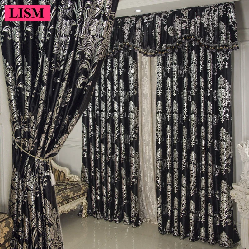 European Luxury Curtains Living Room Dining Room Bedroom Silver Gilded Black Velvet Cloth Window Blackout Decor Valance Custom