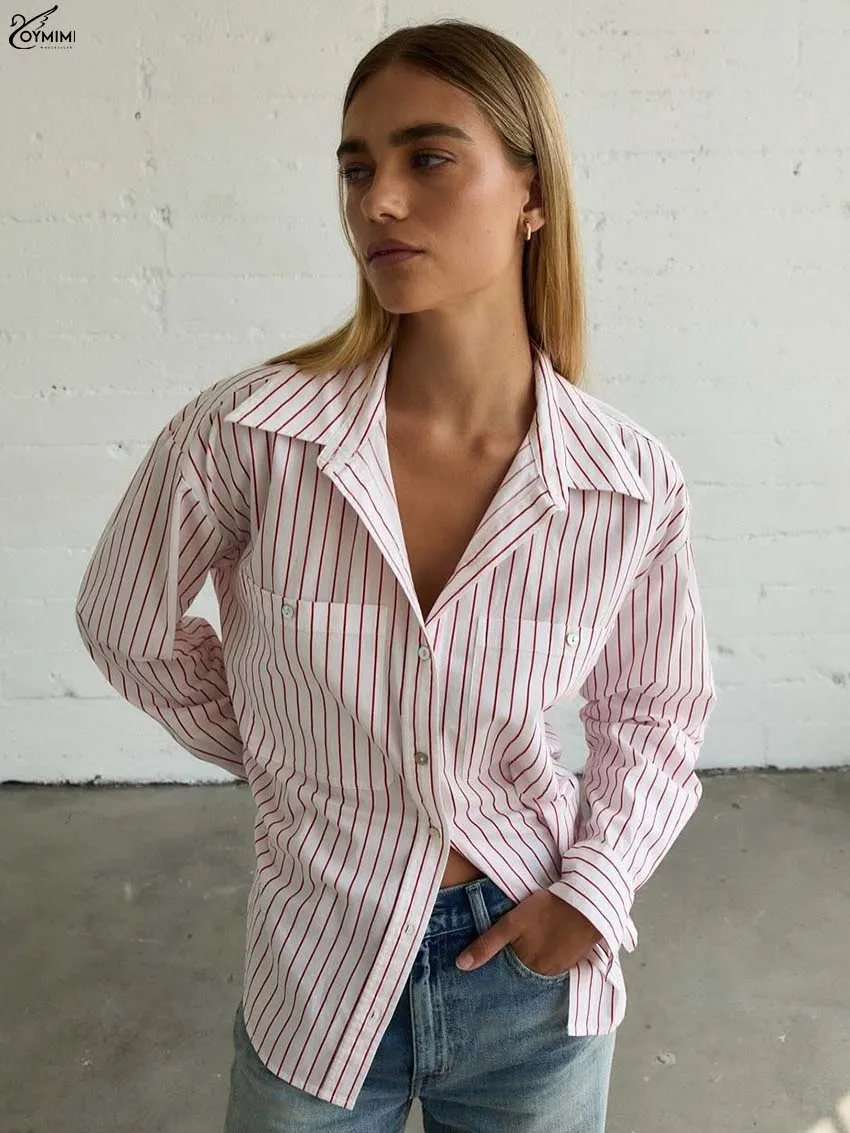 Oymimi Camicette da donna eleganti con stampa bianca Camicette a maniche lunghe con colletto rovesciato alla moda Camicia femminile monopetto casual autunnale