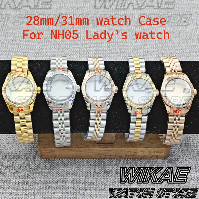 28mm31mm Luxury Silver Gold Two Tone Rose Lady's Watch Case Stainless Steel Decorated Diamond Bezel Waterproof Fit NH05 Movement