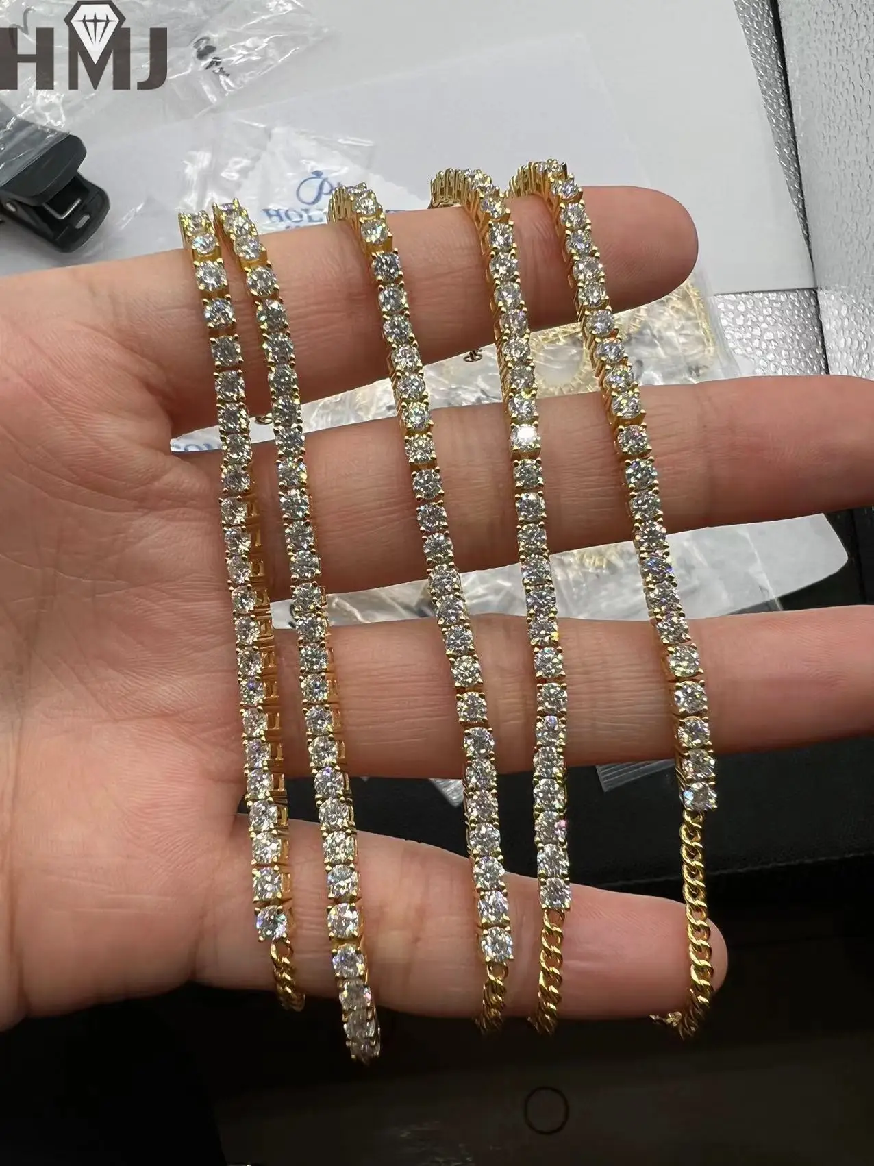 HMJ Moissanite Stone Tennis Bracelet Original S925 Sterling Silver Plated 18k Yellow Gold with GRA Bracelets for Women Man