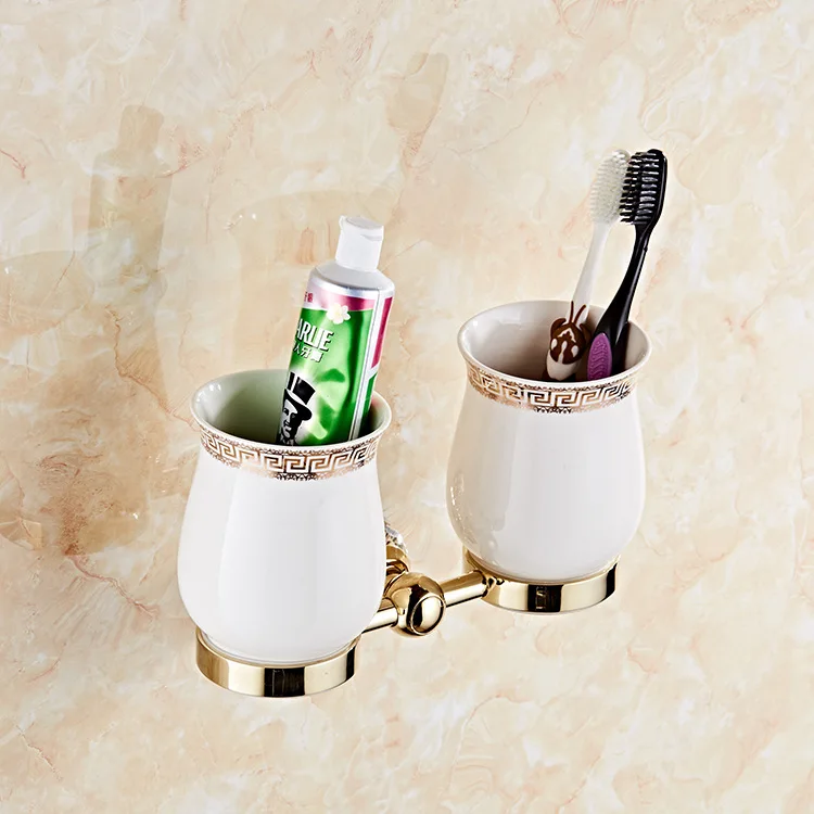 Stainless steel crystal gold toothbrush cup holder Ceramic two-cup bathroom storage rack pendant set