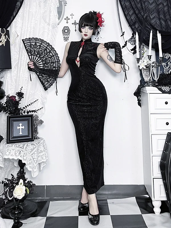 ゴシックダークスタイルハロウィンコスチュームシスタードレスコンサートヴィンテージポリエステルスパンデックスミディスカートノースリーブピュアカラーレディースドレス