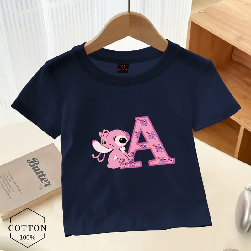 

2025 Stitch T-shirt Angel Letter A B C D E F Disney Children Tee Kid Casual Clothes Anime Kids Shirt for Girl Boy Cartoons Tops