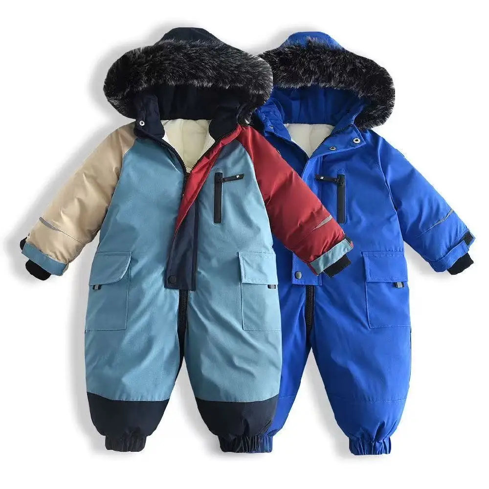 Padded Warm Bodysuits Clothes Plus Thick Velvet Rompers Winter Baby Waterproof Hooded One-Pieces Infant Girls Boys Overalls 2-5Y