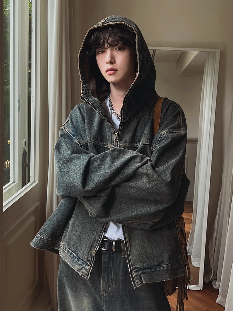 SYUHGFA Autumn Korean Style High Street Casual Male Hoodie Denim Jacket Wide Leg Straight Leg Pants Hooded Two-piece Set 2024