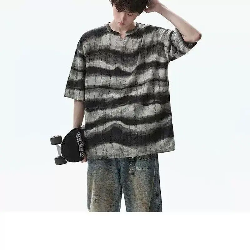 Oversized T-shirts for Men Ice Silk Cool Wave Stripe Punched T Shirt High Street Design Drop Loose Handsome Half Sleeve Tops